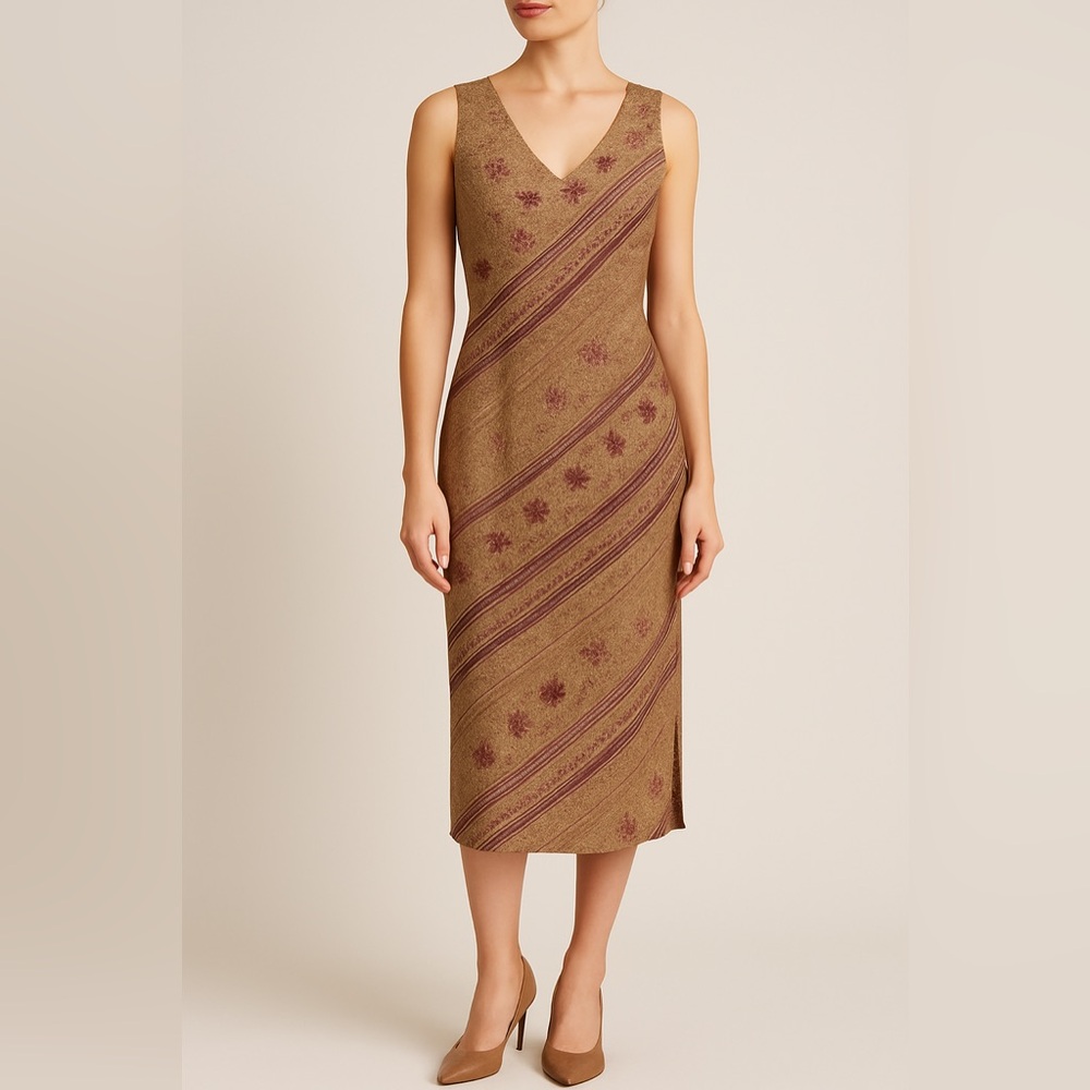 Vintage Y2K Norton Studio Petite PM Sleeveless Sheath Dress Beige Burgundy